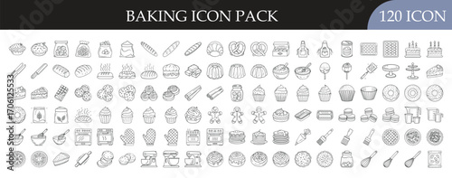 Baking and Pastry Tools Icon Set - Collection of 120 outline icons featuring bread, cakes, pastries, ingredients, and baking tools for cooking, desserts, and kitchen themes.
