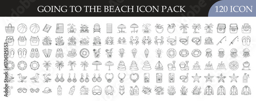 Beach and Summer Vacation Icon Set - Collection of 120 outline icons featuring beach activities, sun, umbrellas, seashells, drinks, and summer fun elements for travel and leisure themes.
