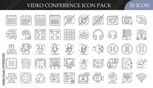 Video Conference and Online Meeting Icon Set - Collection of 50 outline icons featuring video calls, webcams, microphones, screens, and communication tools for remote work, meetings, and online