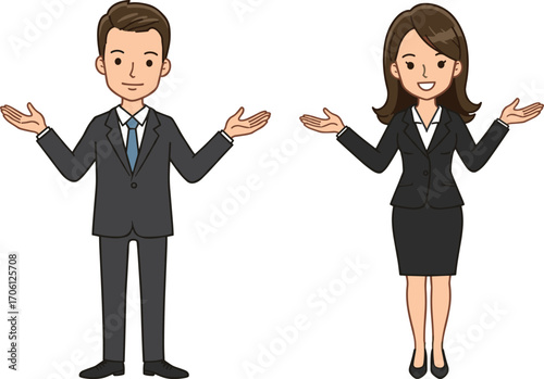 Vector illustration of two business professionals presenting with open gestures, ideal for teamwork, communication, and corporate explanation themes