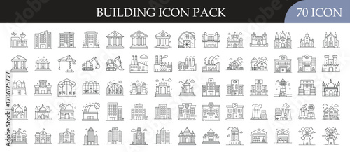 Building and Architecture Outline Icon Set - Collection of 70 outline icons featuring buildings, landmarks, houses, offices, and architectural structures for real estate, construction