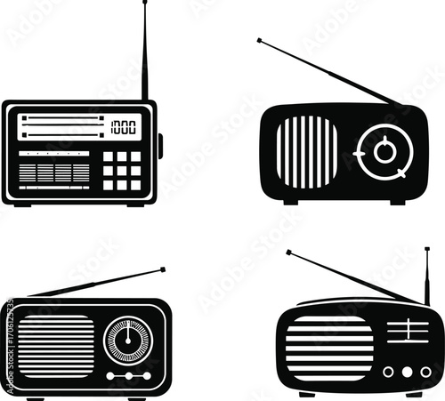 Vintage retro radio silhouette icons set, classic AM FM audio receivers with antennas, old antique style vector illustrations design