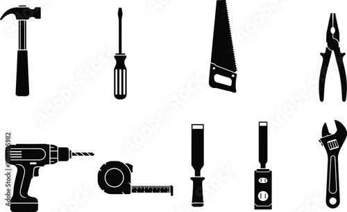 Silhouette Set of Hand Tools Including Hammer, Drill, Saw, Screwdriver, Tape Measure, Chisel, Wrench, and Pliers for DIY Projects