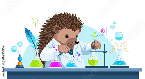 Illustrated smart hedgehog character as a chemist mixing potions in a science laboratory for discovery and education