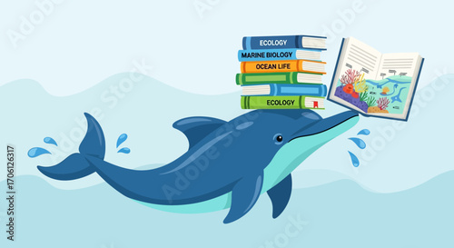 An intelligent cartoon dolphin mascot studying marine biology and ocean ecology, balancing a stack of educational science books on its head