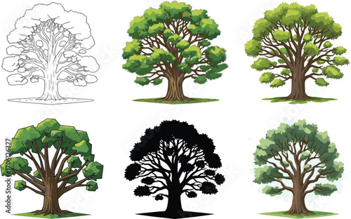 Tree vector illustration set, line art, silhouette, watercolor, cartoon, realistic styles, forest clipart bundle, seasonal nature icons, plant graphics