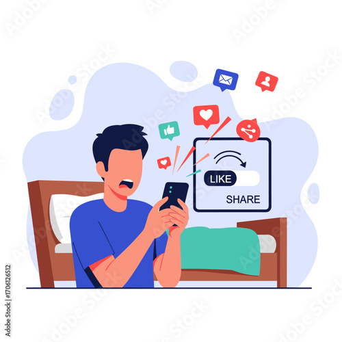 Man addicted to social media on his phone in bed.