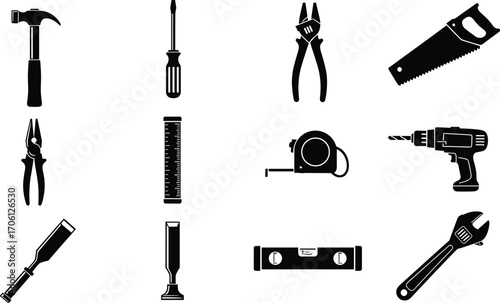Silhouette Vector of Essential Hand Tools Including Hammer, Wrench, Drill, Tape Measure, Saw, Screwdriver, Chisels, and Ruler for DIY Projects