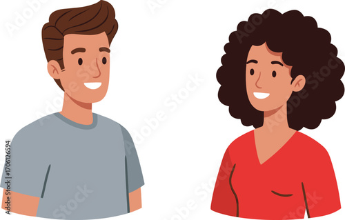 Vector illustration of two people smiling and facing each other, ideal for social interaction, communication, and relationship-themed content