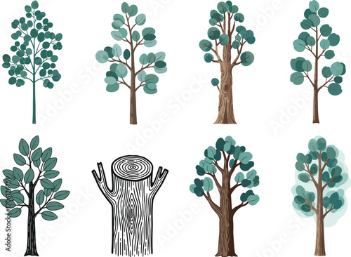 Tree vector illustration set, stylized trunks, foliage variations, sketch, silhouette, realistic styles, forest clipart bundle, nature icons, plant graphics