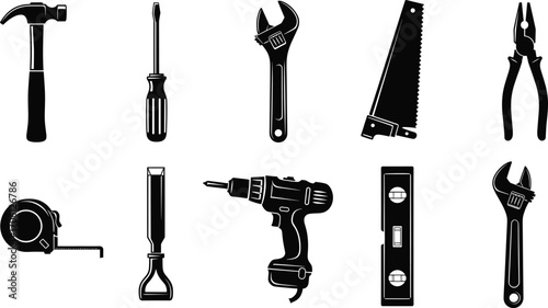 Silhouette Vector of Essential Hand Tools Including Hammer, Screwdriver, Wrench, Pliers, Drill, Saw, Chisel, Tape Measure, and Level for DIY Use
