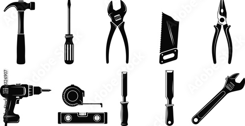 Silhouette Vector Icons of Hand Tools Including Hammer, Screwdriver, Pliers, Saw, Wrench, Drill, Chisel, Tape Measure, and Level for DIY Projects