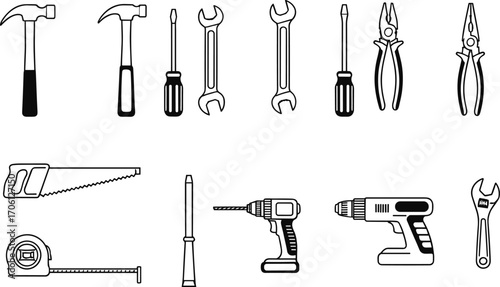 Hand tools vector set featuring hammers, screwdrivers, wrenches, pliers, saws, tape measures, and cordless drills in black and white outline style