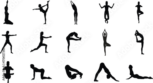 Yoga Balance Silhouettes – Black Vector Poses for Fitness and Mindfulness