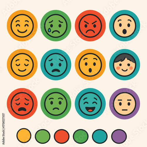 Colorful emoticon chart showcasing various emotions in a playful design