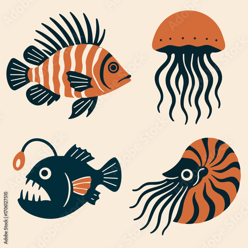 Playful marine life illustration featuring fish, jellyfish, and nautilus