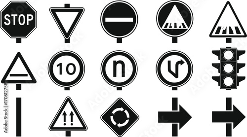 Black and white vector set of traffic signs including stop sign, yield, no entry, pedestrian crossing, speed limit, traffic lights, roundabout, and directional arrows
