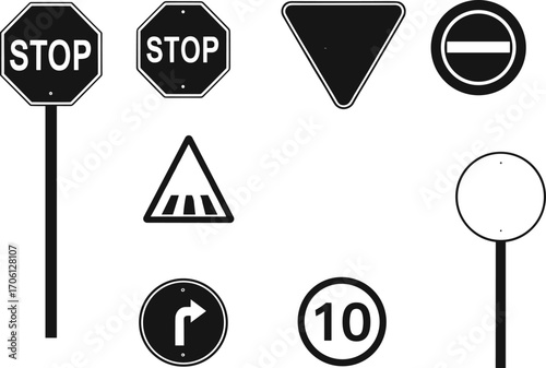 Black and white vector traffic signs collection with stop signs, yield, no entry, pedestrian crossing, speed limit, right turn, and blank sign on poles