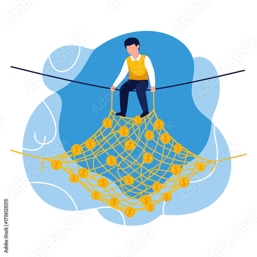 Boy on Tightrope with Safety Net and Oranges.