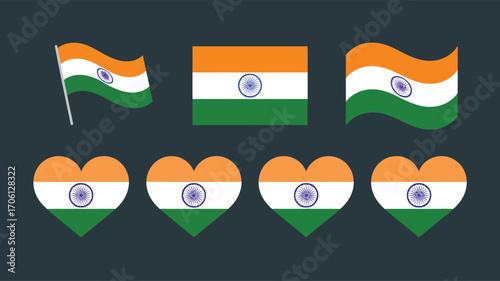 Indian flags in rectangular and heart shapes with Ashoka Chakra on dark background, symbolizing patriotism, unity, and national pride
