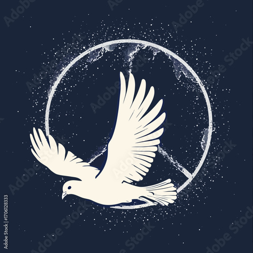 White dove flying in front of a watery peace symbol on a dark blue background with white speckles.