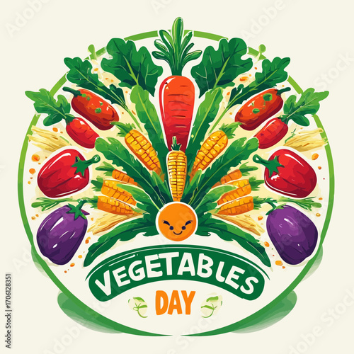 A vibrant circular emblem celebrating 'Vegetables Day' with an assortment of fresh produce like carrots, corn, peppers, and eggplants surrounding a cheerful sun.