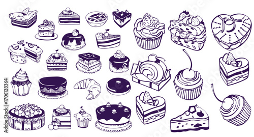 Set of stylized cakes, tarts and cupcakes. Hand drawn cartoon vector black and white sketch illustration