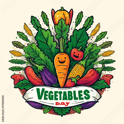 Vibrant cartoon illustration celebrating 'Vegetables Day' with a cheerful carrot, tomato, and an assortment of fresh produce arranged in a circular design.