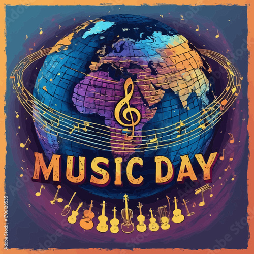 World Music Day celebration with globe, musical notes, and instruments.