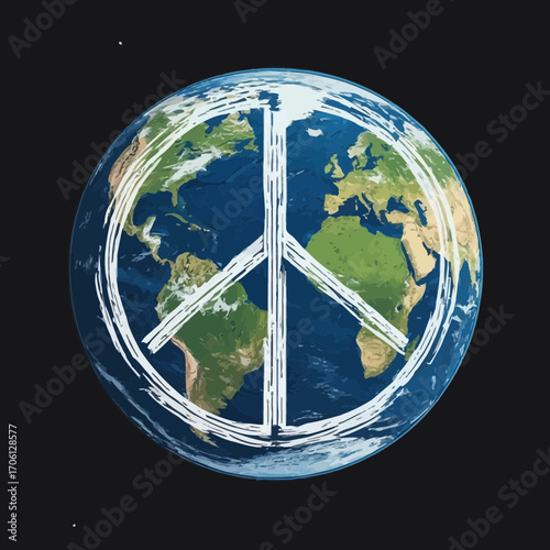Earth with a peace symbol painted on it, against a black background.