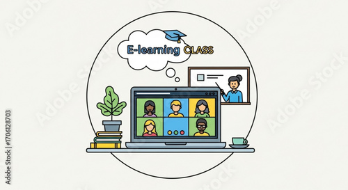 Elearning class illustration with laptop, students, teacher, graduation cap, books and plant for online education