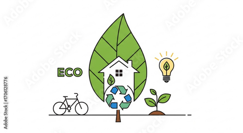 Ecofriendly concept illustration showcasing sustainability with a house inside a leaf, recycling, and renewable energy