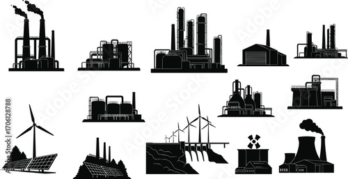 Vector icons of industrial factories, renewable energy sources including wind turbines, solar panels, hydroelectric dam, and nuclear power plants in silhouette style