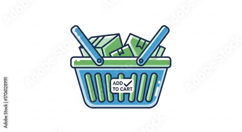 Shopping basket filled with green boxes, symbolizing online purchases and ecommerce convenience for consumers