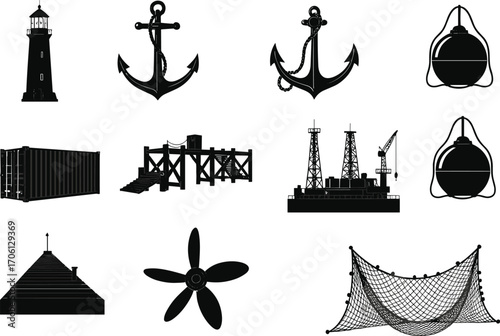 Black silhouette marine icons collection with lighthouse, anchors, buoy, container, dock, oil rig, pier, propeller, and fishing net vector illustration set.