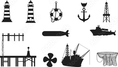 Black silhouette maritime icons including lighthouses, life ring, anchor, offshore oil rig, dock, submarine, ship, propeller, fishing net, and pier vector illustration set.