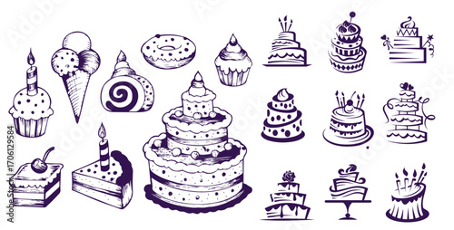 Set of stylized cakes, tarts and cupcakes. Hand drawn cartoon vector black and white sketch illustration