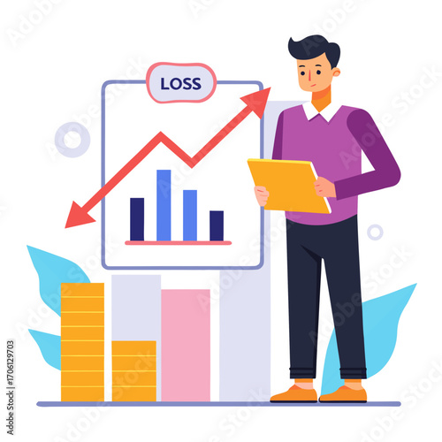 Financial analysis highlighting business losses with declining profits and economic downturn as investor assesses risks for strategic planning during recession period