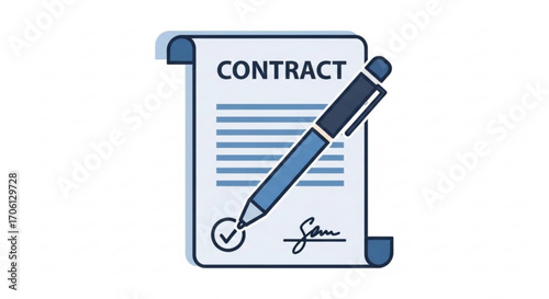 Illustration of a contract document with a pen signing perfect for legal, business, or agreement themes