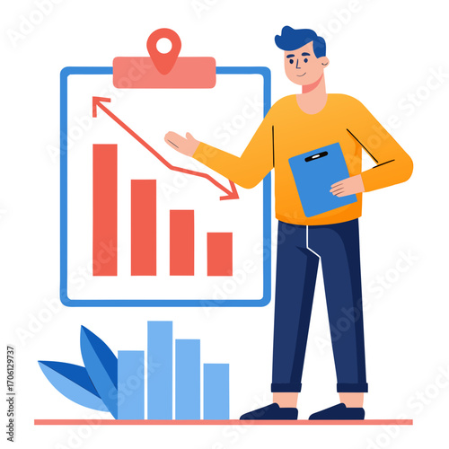 Concerned business professional presenting downward trending financial chart, analyzing loss and planning recovery strategy, ideal for illustrating economic downturns and market volatility