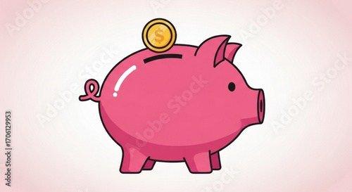 Pink piggy bank with a coin going into it, representing savings, finance, investment, and financial planning