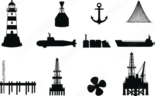 Black silhouette maritime icons set featuring lighthouse, buoy, anchor, fishing net, submarine, cargo ship, oil rigs, pier, and propeller vector illustration.