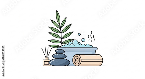 A serene spa scene with bath, stones, plant, and towel, promoting relaxation and wellness