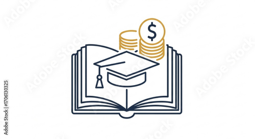 Investing in education concept, featuring a graduation cap, book, and stack of coins symbolizing financial investment