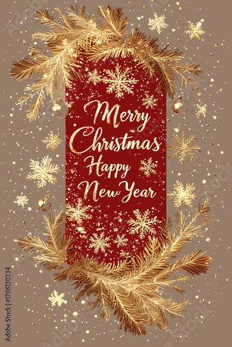 A merry Christmas card design with a golden ribbon, festive decoration, and a happy new year greeting