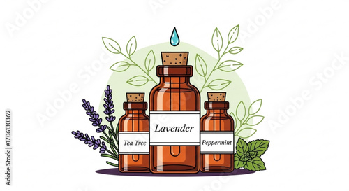 Aromatic essential oil bottles, including lavender, tea tree, and peppermint, with fresh herbs and leaves