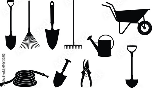 Black silhouette gardening tools vector set including shovel, rake, watering can, wheelbarrow, garden hose, pruning shears, and hand trowel icons