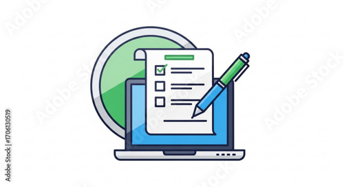 Online survey form on laptop screen, concept of online testing, questionnaire form, exam paper and checklist