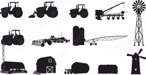 Black silhouette farm tractors, agricultural machinery, barn, silos, windmill, hay bales, irrigation system, and crop farming equipment vector illustration on white background.