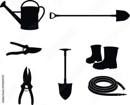 Black silhouette gardening tools vector set with watering can, shovel, pruning shears, garden boots, garden hose, and hand tools icons